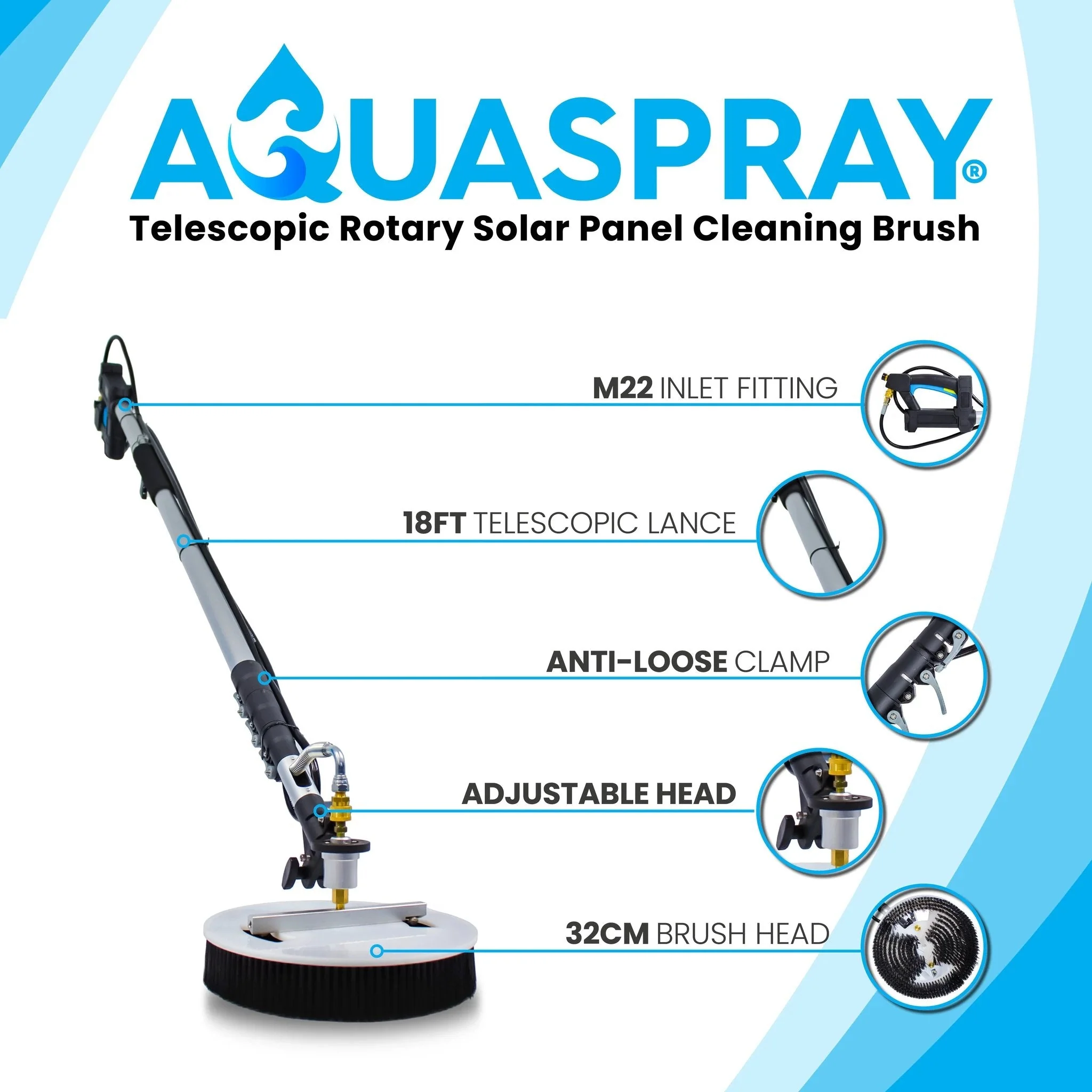 Aquaspray Rotary Solar Panel/Roof Cleaning Brush With 18ft Telescopic Lance - Image 2