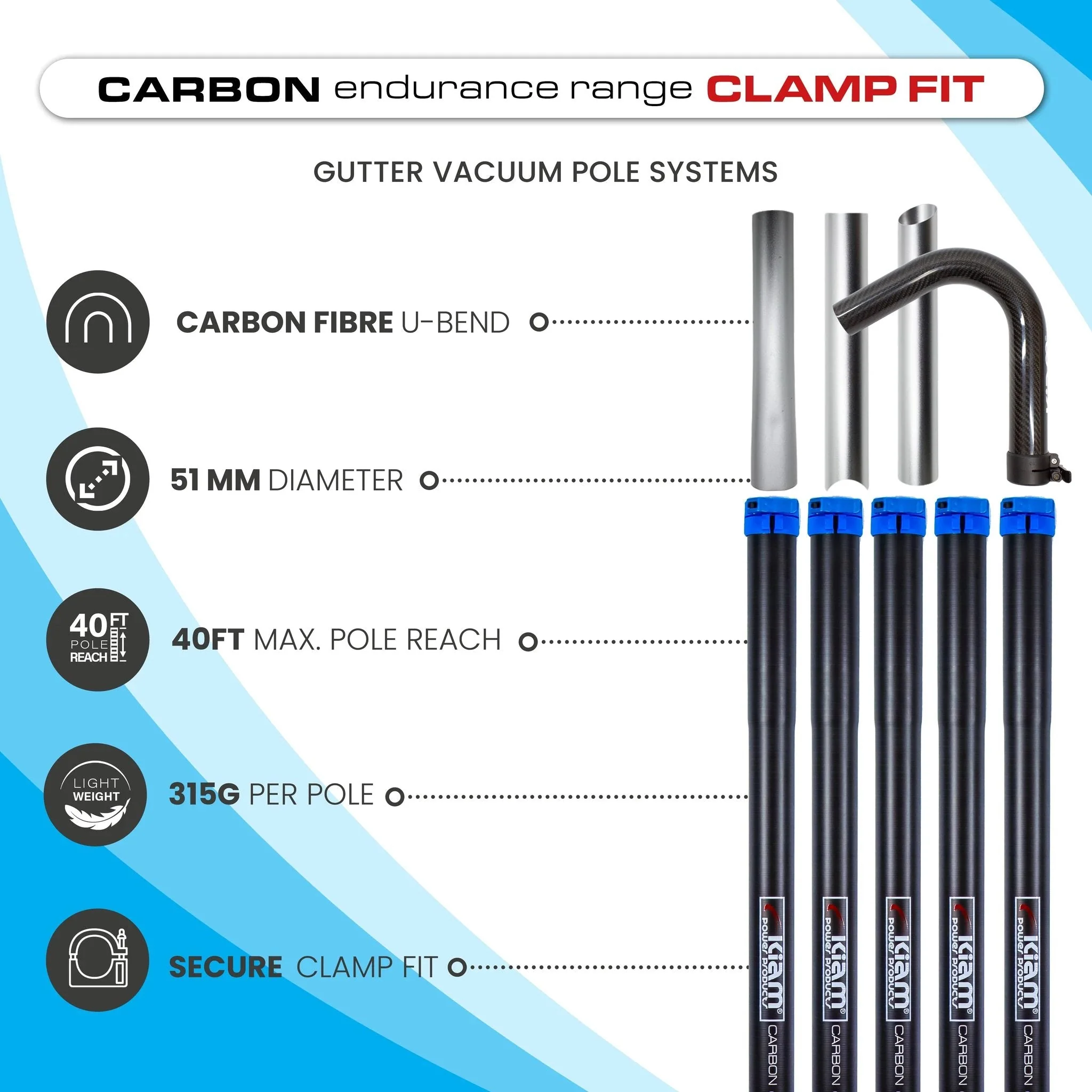 Clamped Carbon Fibre Gutter Vacuum Pole Kits (51mm Diameter) 20ft-40ft - Image 2