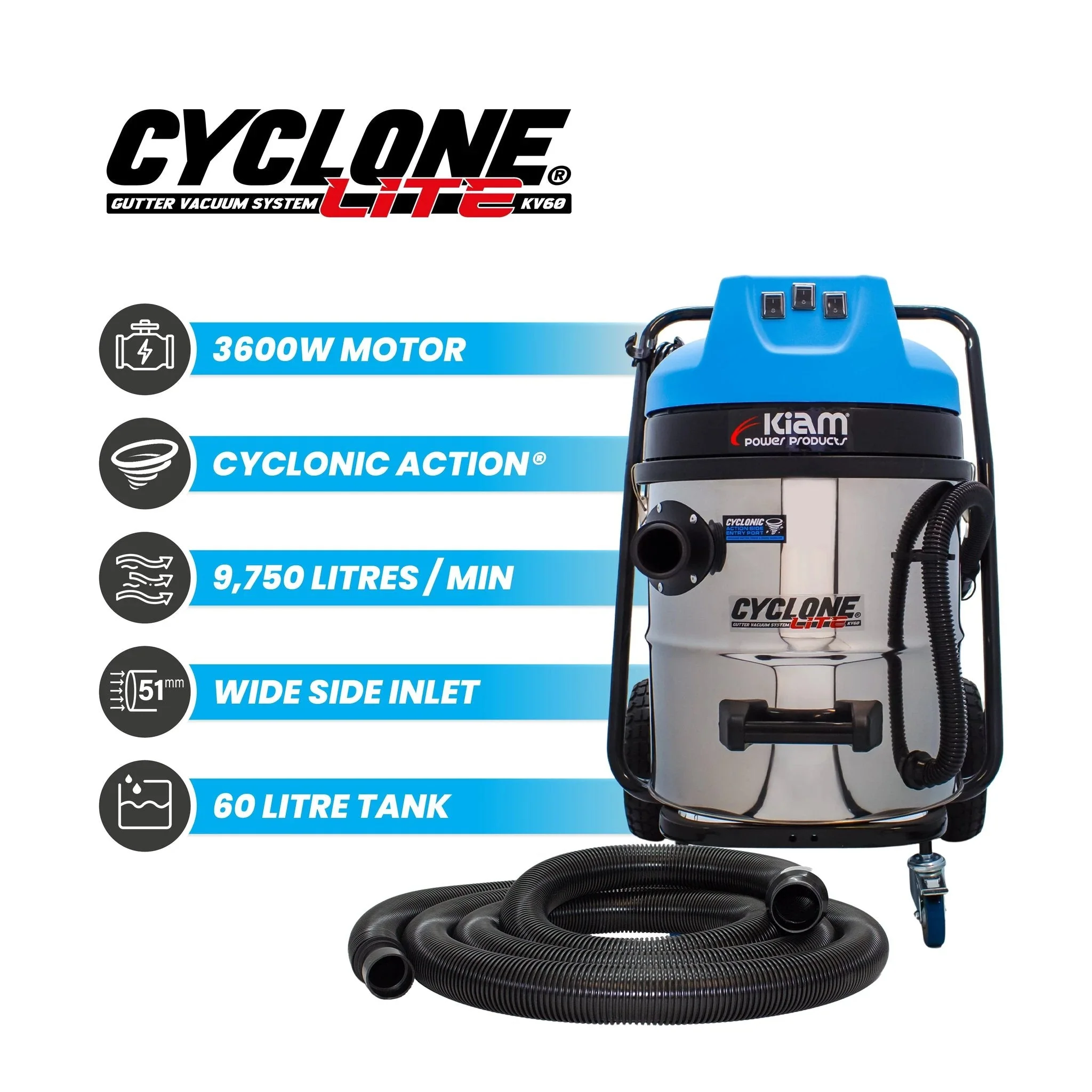 Cyclone Lite® KV60 Gutter Vacuum 3600W - Side Entry - Image 3