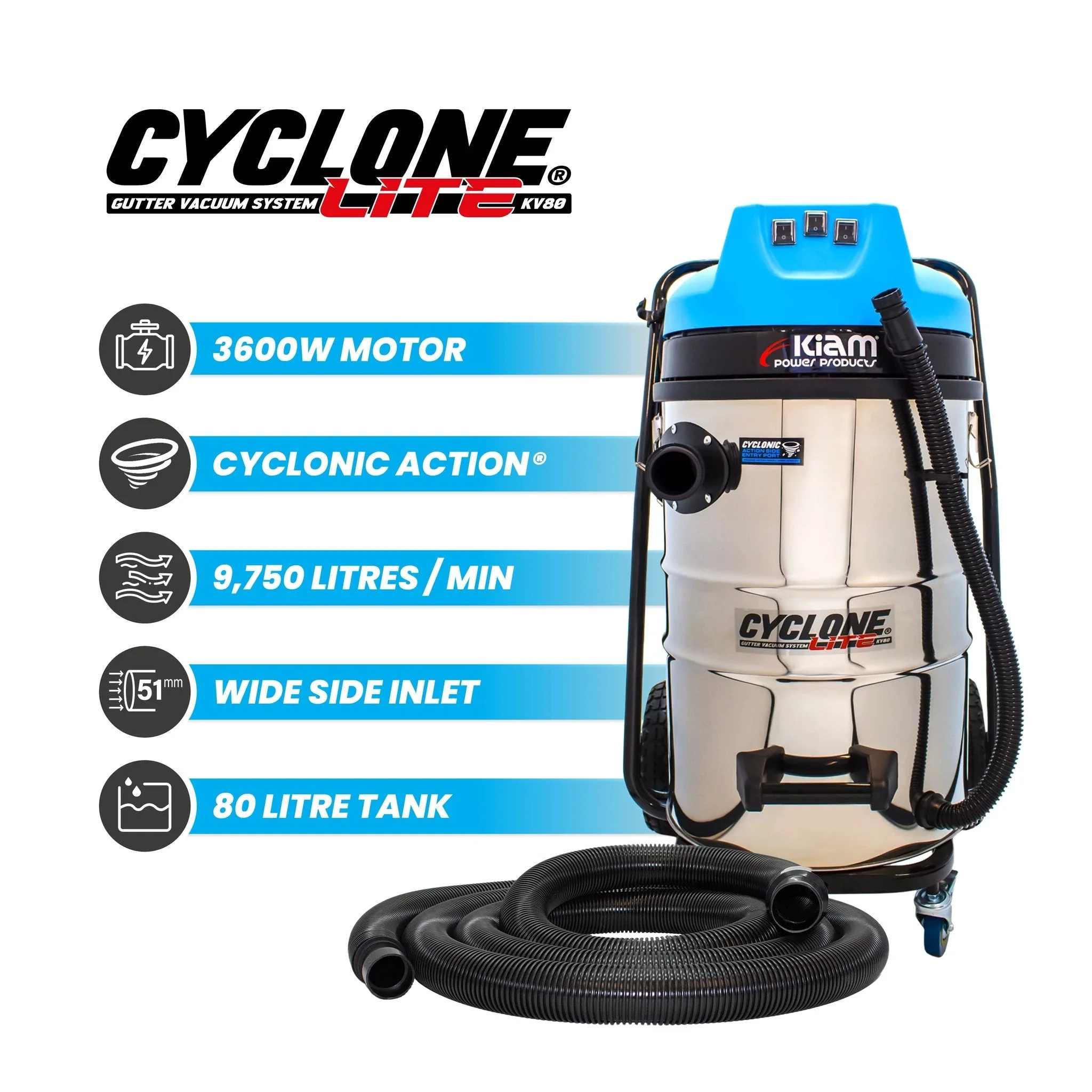 Cyclone Lite KV80 Gutter Vacuum 3600W - Side Entry - Image 2