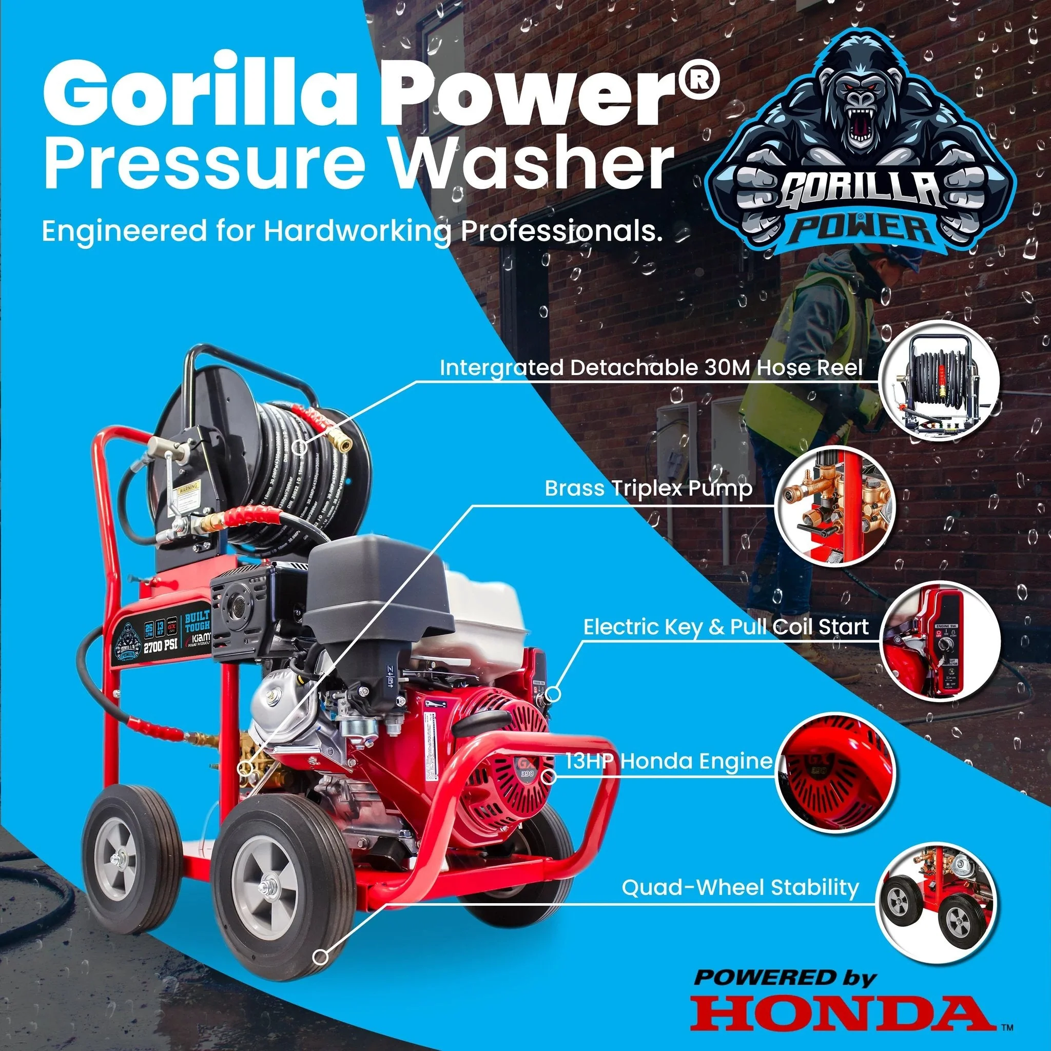 Kiam GORILLA POWER® 2700PSI 25LPM 13HP Petrol Pressure Washer Honda GX390 Engine - Image 2