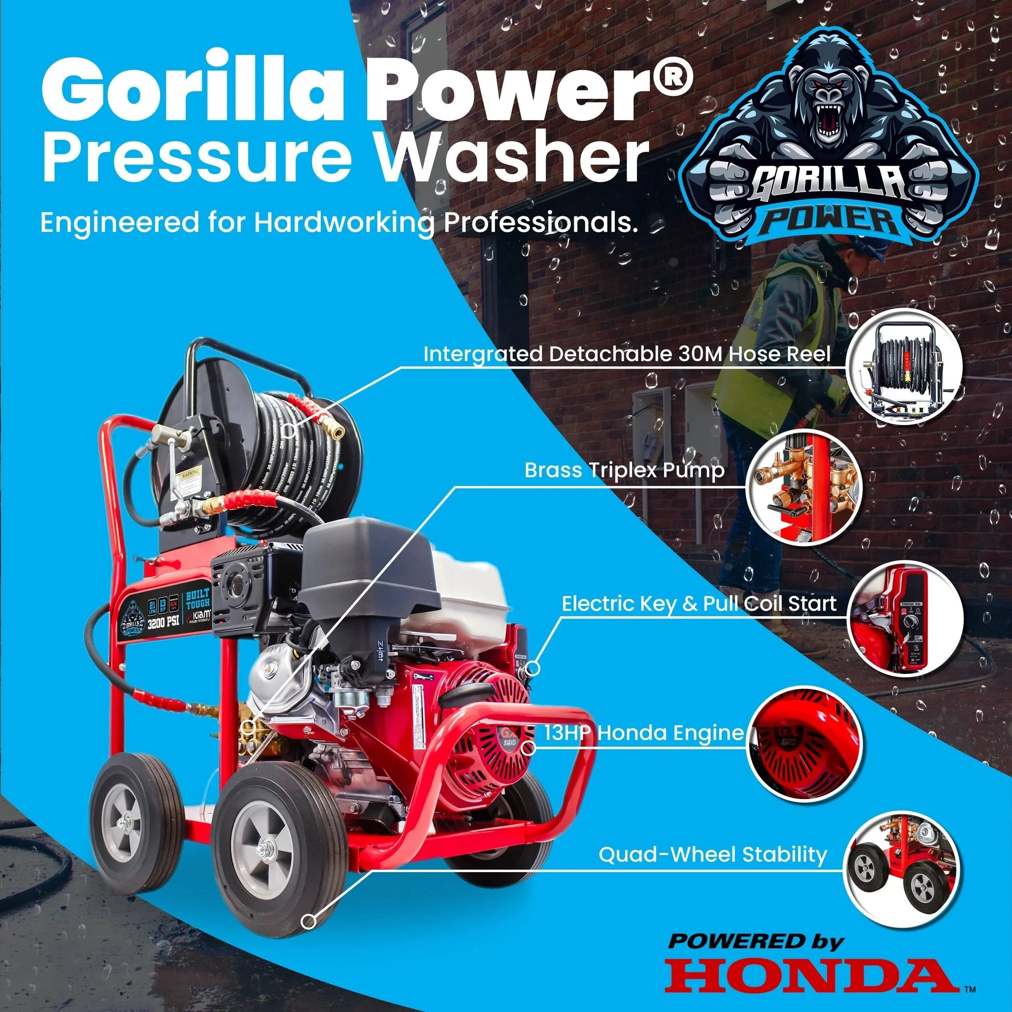 Kiam GORILLA POWER® 3200PSI 21LPM 13HP Petrol Pressure Washer Honda GX390 Engine - Image 2