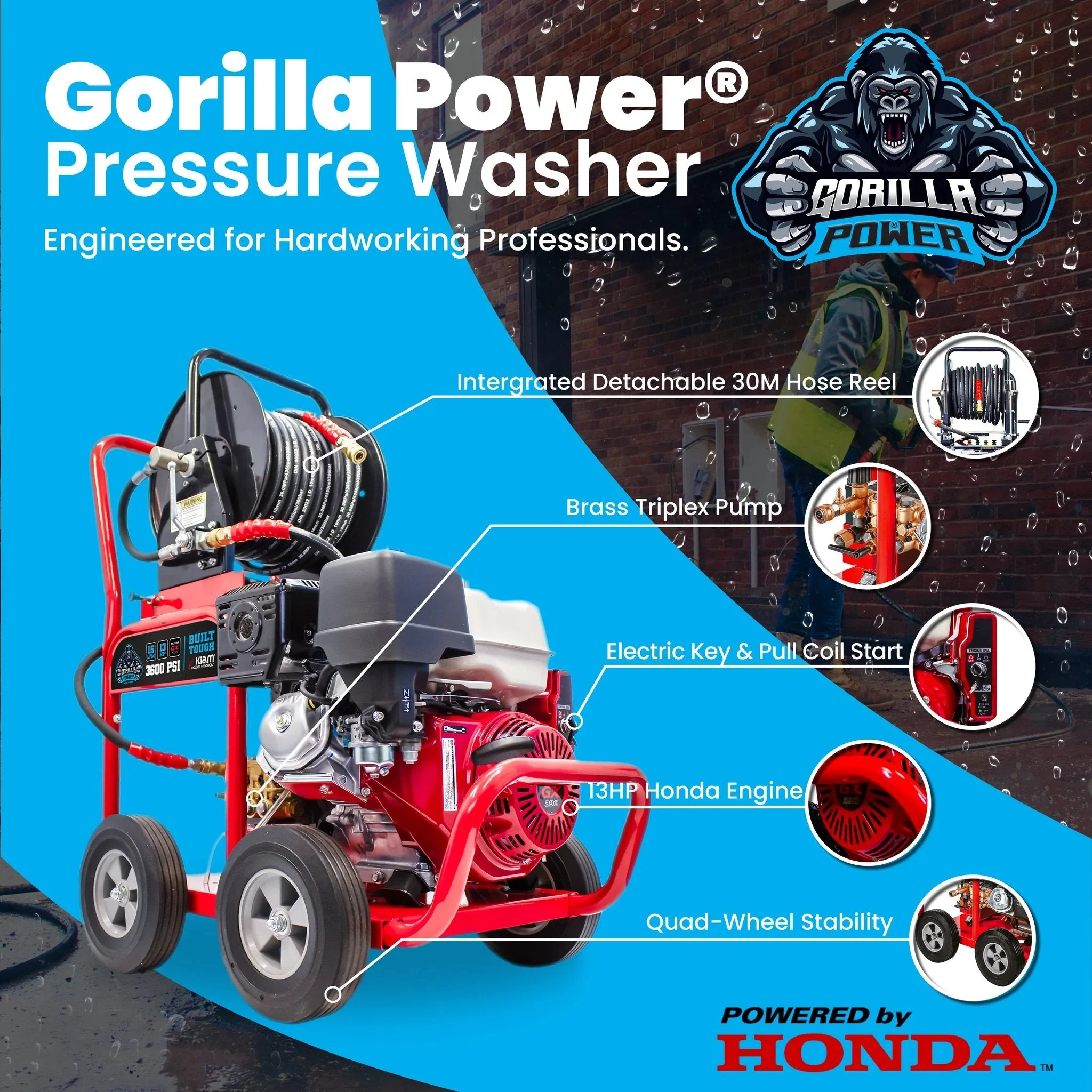 Kiam GORILLA POWER® 3600PSI 15LPM 13HP Petrol Pressure Washer Honda GX390 Engine - Image 2