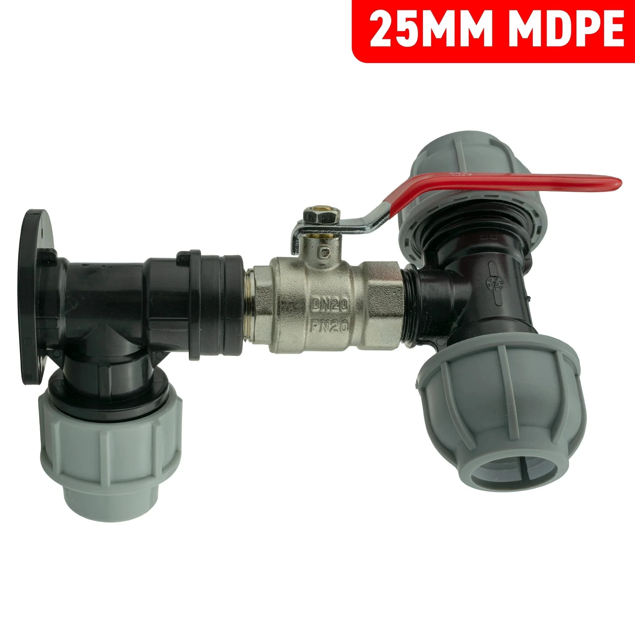 Wall Flange Kit 25mm MDPE + Lever Valve + 25mm MDPE Tee - Image 4